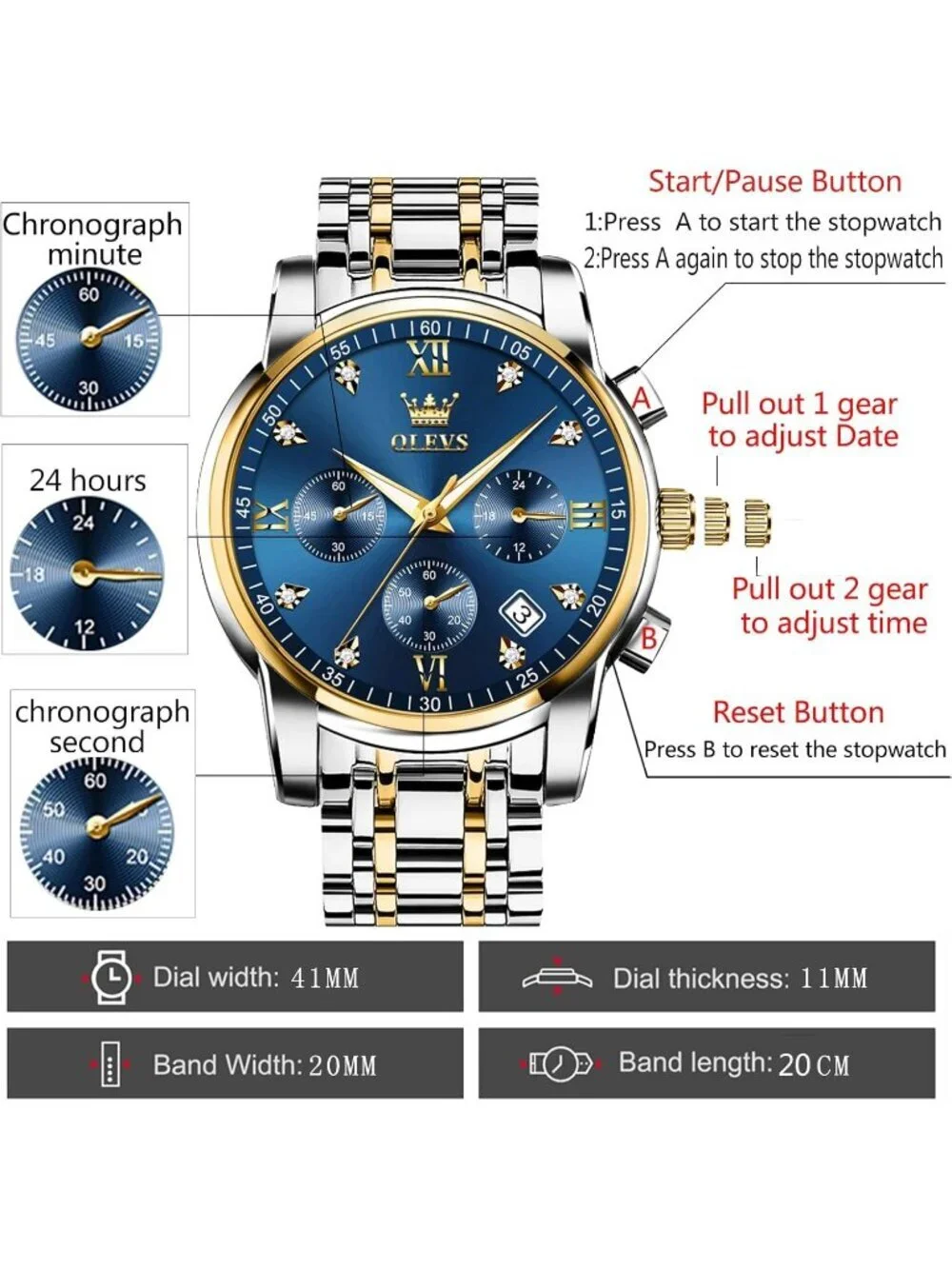 Olevs Men Silver Gold Multifunction Blue Face Waterproof Chronograph Wrist Watch